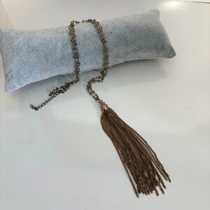 Long Beaded Tassel Gold Tone Necklace Smoky Gray Rosary Style Chain 33-35 in